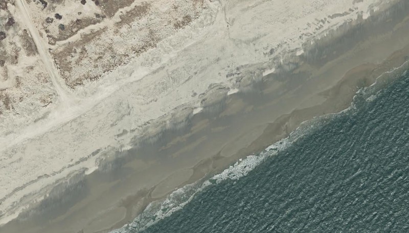Band of darker, wet sand in the wash zone is the air photo signature of marine intertidal gravel/sand beach community. Above the wrack line is maritime beach, then maritime dunes. 2016 NYS Orthoimagery Map Service